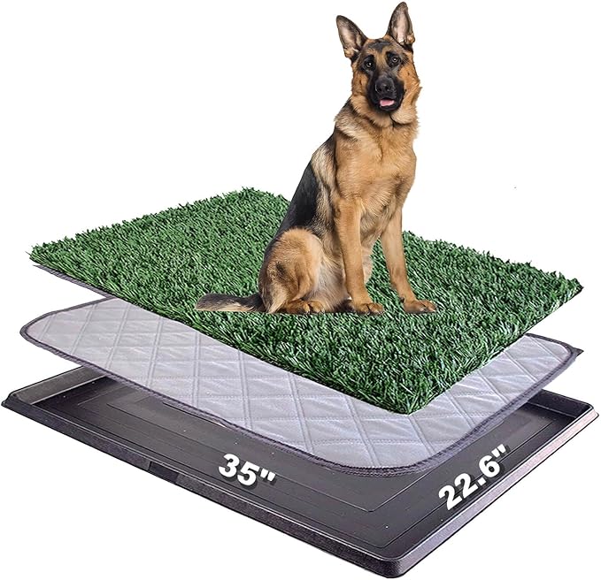 35"X22.6" Dog Grass Pad with Tray - Indoor/Outdoor Artificial Turf Potty Training Mat for Large Dogs, Portable Dog Litter Box for Balcony/Patio, Washable Reusable Pee Pad and Fake Grass for Dogs-PurrikoPets