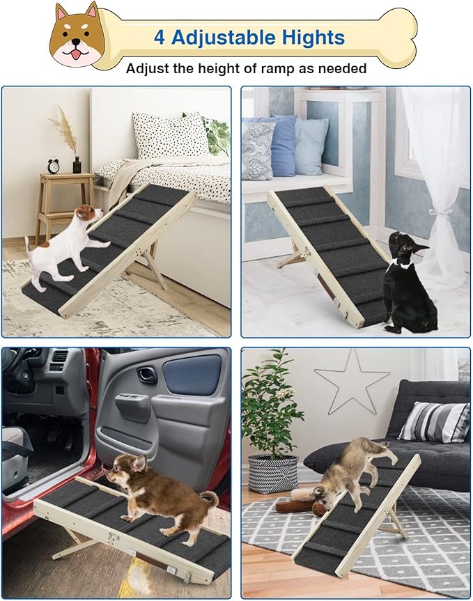 Adjustable Dog Ramp, Wooden Folding Portable Pet Ramp,Rated for 30 LBS, 32.6" Long and Adjustable from 10" to 19" with Non-Slip Traction Mat, Dog Step for Bed, Couch,Car (Grey)-PurrikoPets
