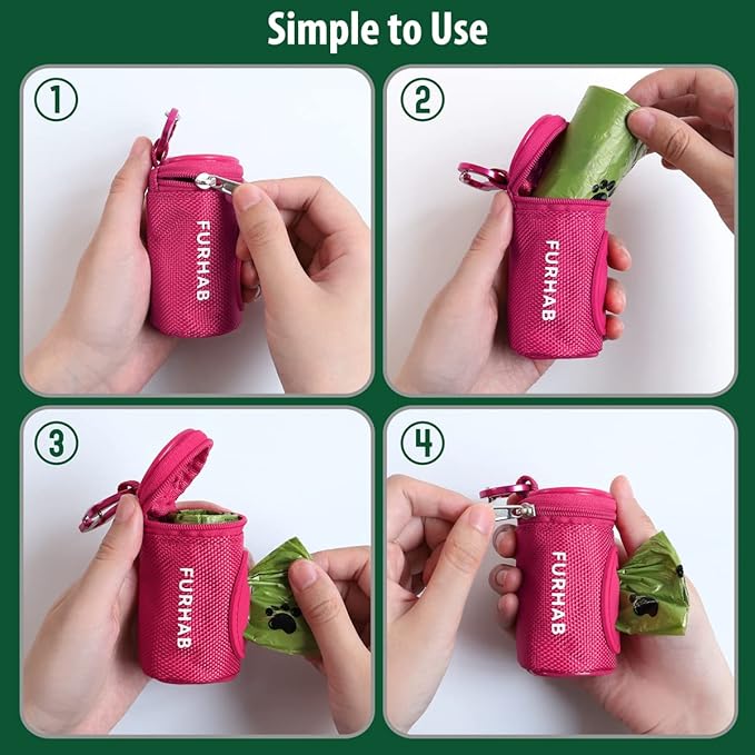 Dog Poop Bag Holder for Leash Doggie Waste Bag Dispenser Soft Fabric Puppy Potty Carrier Small Doggy Zipper Pouch with Carabiner Clip 1680D Nylon Oxford with 1 Roll of Pet Trash Bags, Rose Red-PurrikoPets