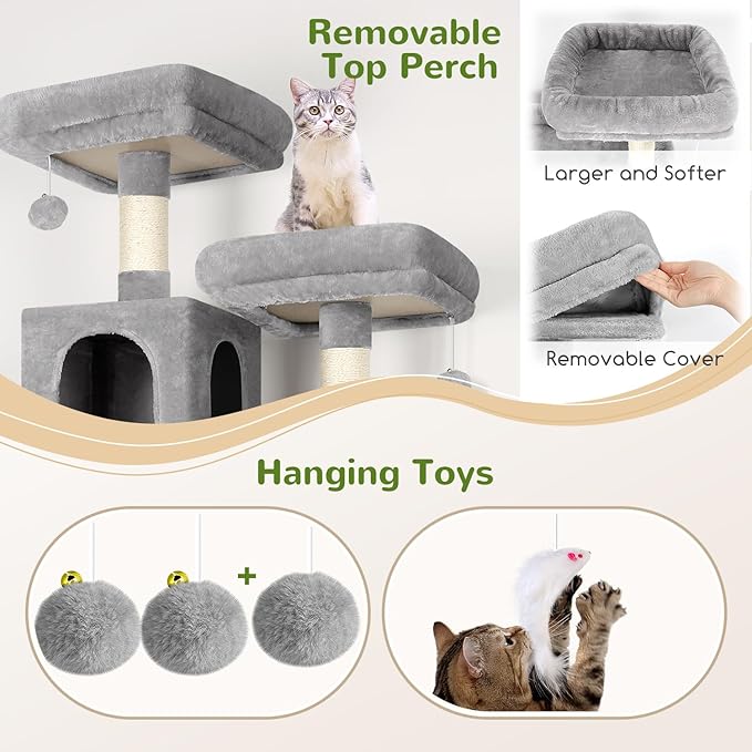 Globlazer Cat Tree Tower, 76-Inch Extra Tall Multi-Level Cat Furniture with Cozy Condos, Hammock and Perches for Adult Cats, Perfect for Climbing, Scratching, and Play, F76, Light Grey-PurrikoPets