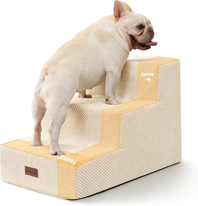 Dog Stairs for Small Dogs & Cats, 3-Step Extra Wide Non-Slip Pet Steps for Couch Sofa and Chair, Beige, 15.7" H-PurrikoPets