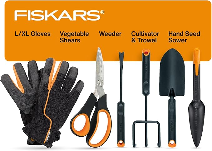 Fiskars Vegetable Garden Tool Set with Vegetable Shears, Seed Sower, Trowel, Cultivator, Weeder, and L/XL Garden Gloves for Indoor or Outdoor Gardening (6 Piece Kit), Gardening Gifts for Women-PurrikoPets