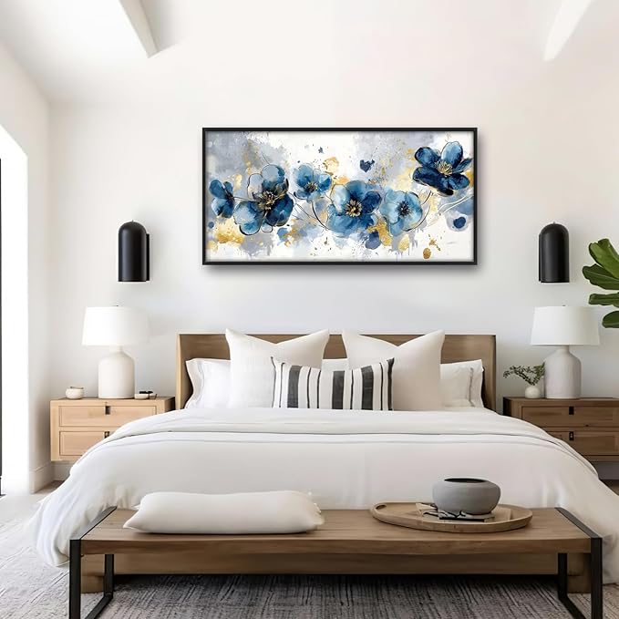 Extra Large Framed Abstract Blue Flower Wall Art,Oversized Golden Grey Floral Wall Decor Pictures for Living Room,Canvas Print Painting Modern Artwork Bedroom Office Bathroom Home Decor 60L" x 30W"-PurrikoPets