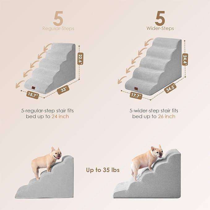 EHEYCIGA Curved Dog Stairs Ramp for High Beds, 5-Step Extra Wide Dog Steps for Small Dogs and Cats, Pet Stairs for High Bed Climbing, Non-Slip Balanced Pet Step Indoor, Light Grey-PurrikoPets