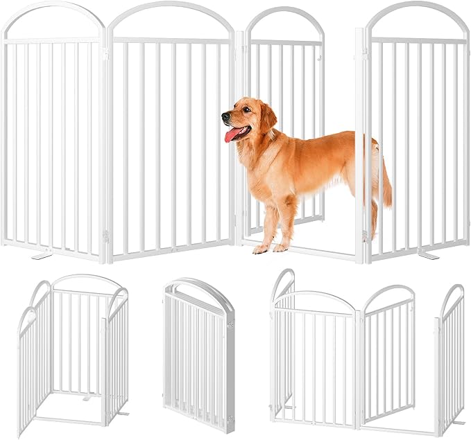 4 Panles Full Matel Freestanding Dog Gates with Door, 96"Extra Wide 36"Tall Free Standing Dog Pet Gate for Indoor & Outdoor. Foldable Pet Fences for Doorways, House, Stairs, Porch, Deck, Yard-PurrikoPets
