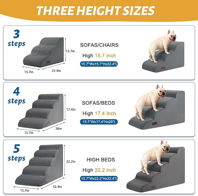 4-Step Dog Stairs and Ramp for Beds or Couches – Non-Slip Sturdy Pet Steps for Small Dogs and Cats,17.4" H,Grey-PurrikoPets