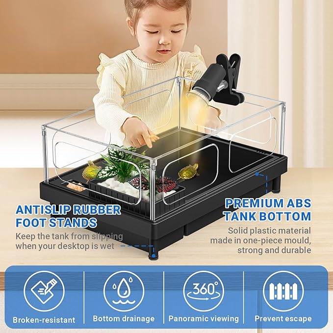 GOZILLA Small Turtle Tank with Adjustable Lamp, Acrylic Turtle Tank Starter Kit, Reptile Habitat and Terrarium with Multi-Functional Areas for Tortoise, Crab, Crayfish, Small Reptile.(Tank+Lamp)-PurrikoPets