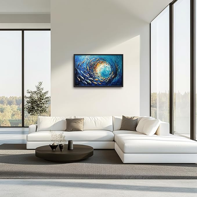 Extra Large Framed Abstract Ocean Fish Wall Art,Oversized Blue Sea Nautical Fish Wall Decor Pictures for Living Room,Canvas Print Painting Modern Artwork Bedroom Office Bathroom Home Decor 36L x24W-PurrikoPets
