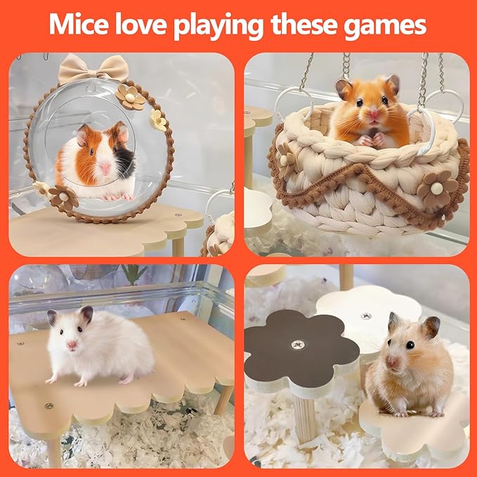 4-Pack Wooden Rat Cage Accessories - Platforms, Ladders & Hammocks Set for Chinchillas, Hamsters, Gerbils (for Iron/Wooden, Acrylic Hamster Cages + Customizable Layout) (9.1x5.6x4.3)-PurrikoPets