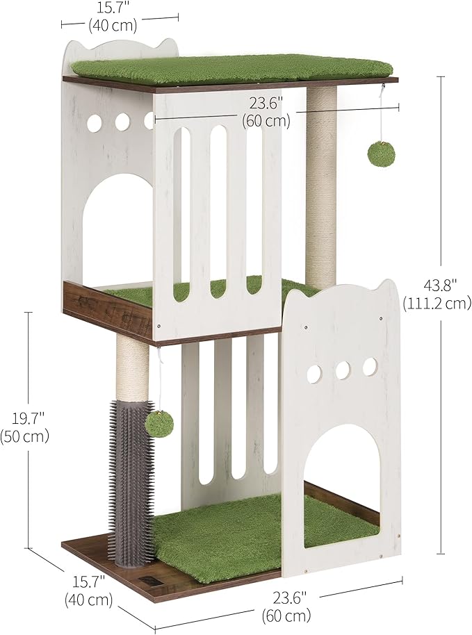 FourFurPets 43.7in 3-Tier Modern Cat Tree Tower Condo, Cat Scratch Posts for Indoor Cats, Big Plate, Two 19.7in Full Sisal Scratching Posts, White-PurrikoPets