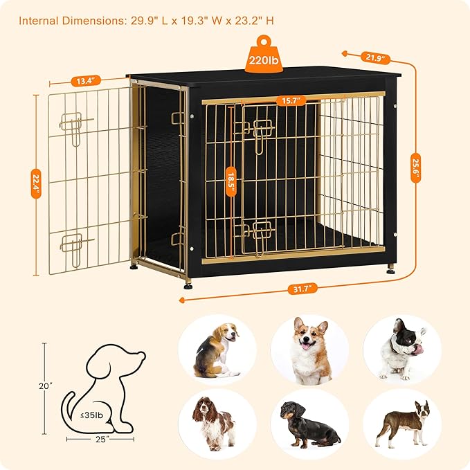 DWANTON Dog Crate Furniture with Cushion, Wooden Kennel Table with Double Doors, Indoor Dog House, Medium Size, 32.5" L, Black+Gold-PurrikoPets