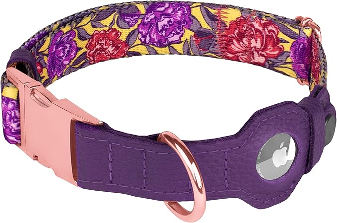 AirTag Dog Collar for Small Medium Large Breed - Adjustable Cute Pattern Dog Collar with Airtag Holder - Soft Leather Tracker GPS Apple Air Tag Pet Collars (X-Large, 20"-25" Neck Fit, Peonies)-PurrikoPets