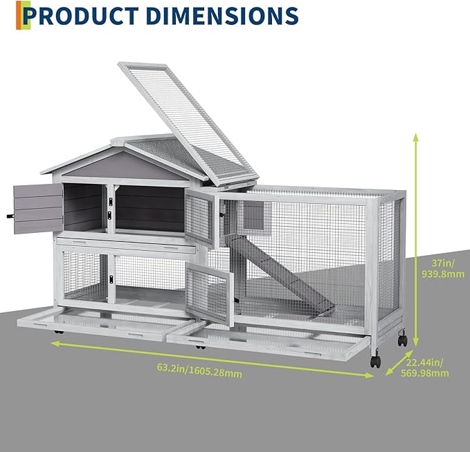 2-Tier Rabbit & Chicken House Mobile,Wooden Chicken Coop & Bunny Cage with Non-Slip Ramp, 4 Doors,Waterproof Roof & Pull-Out Tray,Outdoor/Indoor Pet Cage Movable-PurrikoPets