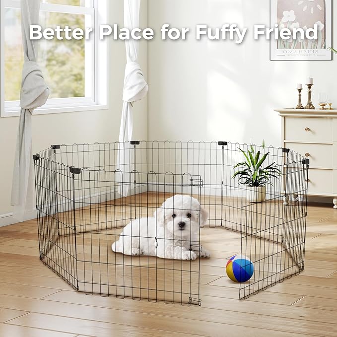 Foldable Dog Playpen 24" Height 8 Panels Metal Exercise Pen No Door - Indoor/Outdoor Puppy Playpen for Small Dogs, Portable Pet Fence for Yard Garden Camping, Black-PurrikoPets