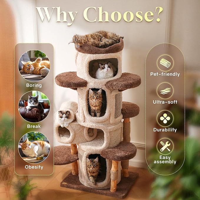 69.69'' Modern Cat Tree for Indoor Cats Large Adult, Luxury Cat Tower with Scratching Post, Multi Level Spacious Condo, Heavy Duty Kitty House, Sturdy Cat Activity Center for Large Cat-PurrikoPets