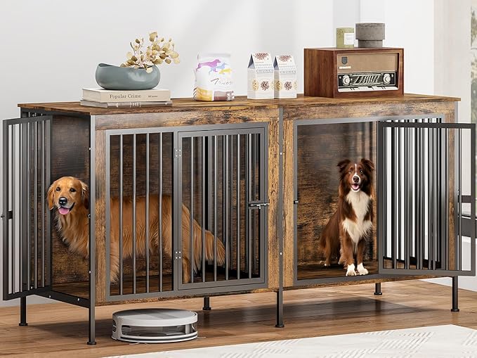 63 in Dog Crate Furniture for 2 Large/Medium Dogs with Removable Divider, Extra Large Double Doors Dog Kennel, XXL Thick Wooden Dog Cage Furniture,Sturdy and Durable, Brown-PurrikoPets