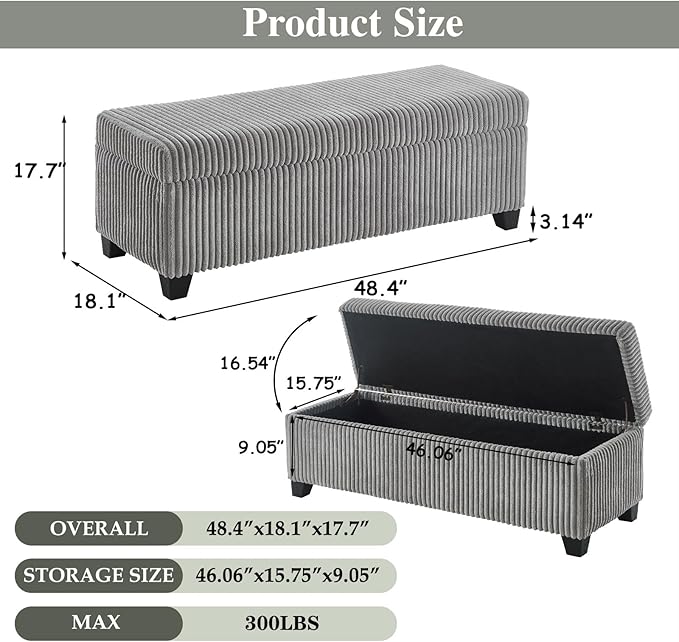 48" Ottoman with Storage, Corduroy Storage Ottoman Bench for Bedroom, End of Bed Bench with Safety Hinge for Living Room, Bedroom, Entryway, Grey-PurrikoPets