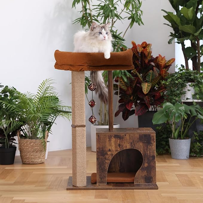 FUKUMARU Cat Scratching Post, Modern Style Cat Tree with Unique Square Post, Wooden Cat Tower with silvervine Balls, Retro Cat Condo Scratcher for Indoor Cats（Solid Wood）-PurrikoPets