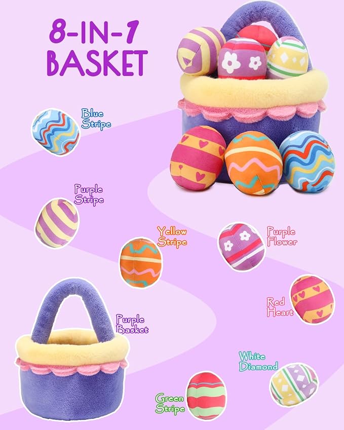 8 Piece Plush Stuffed Playset Toys with 7 Eggs, 1 Furry Bag, Soft Basket Set Sensory Toys for Girls Kids Ages 3+, Birthday Christmas Valentines Easter Party Favors Gifts-PurrikoPets