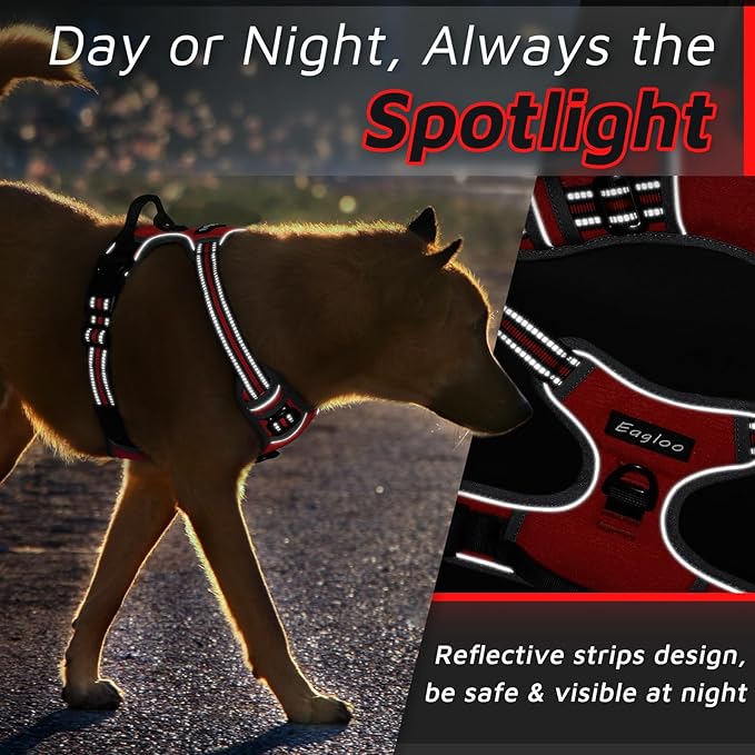 Eagloo Dog Harness Medium Sized Dog, No Pull Service Vest with Reflective Strips and Control Handle, Adjustable and Comfortable for Easy Walking, No Choke Pet Harness with 2 Metal Rings, Red, M-PurrikoPets