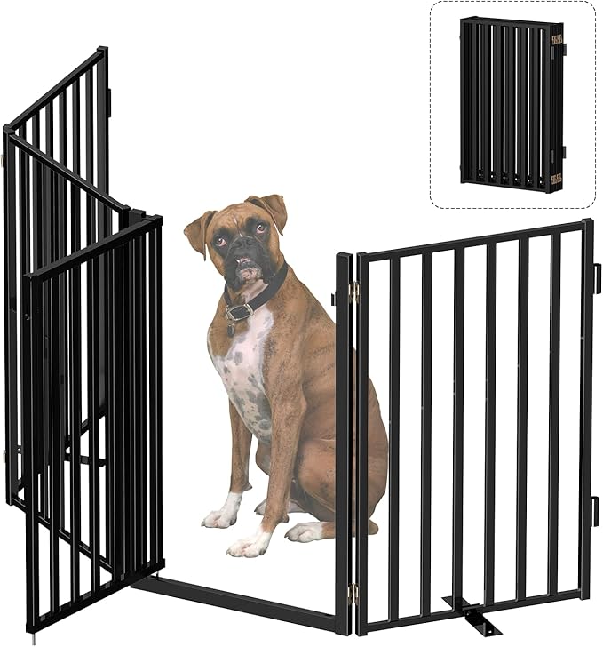 Free Standing Dog Gate with Door for Indoor Outdoor, Portable Dog Fence Foldable Design, Metal Black 32" Tall, Expandable 4 Panels Use for Front Door, Yard, Stairs-PurrikoPets