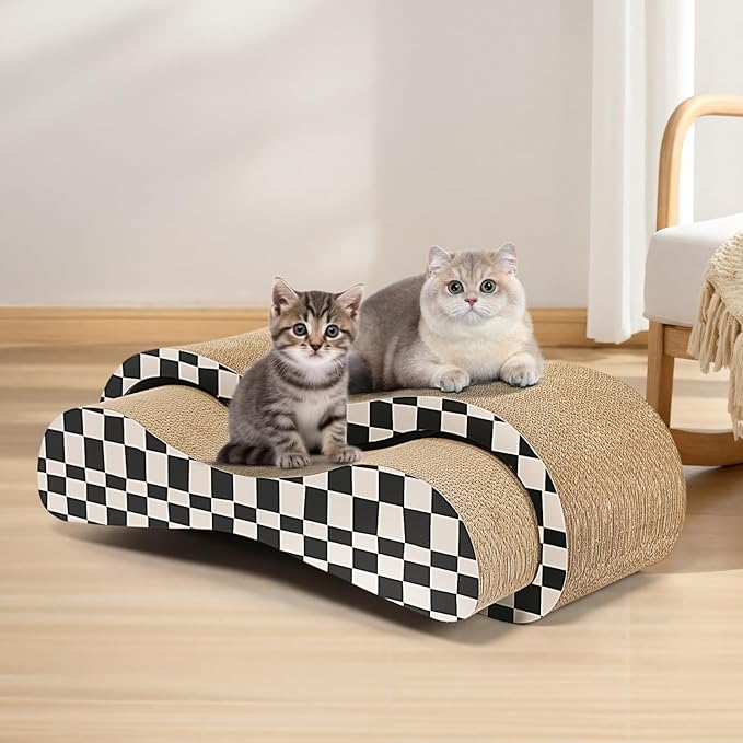 2 in 1 Cat Scratcher Cardboard Lounge Bed, Cat Scratching Post, Durable Board Pads Prevents Furniture Damage,Large,Checkerboard-PurrikoPets