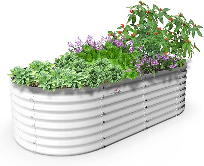 A ANLEOLIFE 8X4X2 ft Galvanized Raised Garden Beds Outdoor, Oval Large Metal Deep Root Planter Box for Planting Vegetables Flowers Herb, Anti-Rust & Easy-Setup, Antique White-PurrikoPets