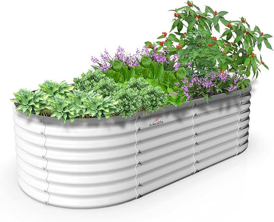 A ANLEOLIFE 8X4X2 ft Galvanized Raised Garden Beds Outdoor, Oval Large Metal Deep Root Planter Box for Planting Vegetables Flowers Herb, Anti-Rust & Easy-Setup, Antique White-PurrikoPets