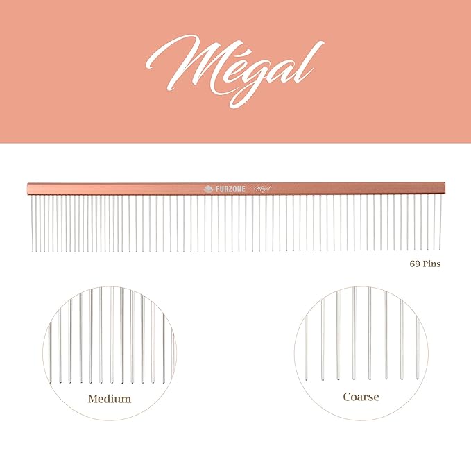 2-in-1 Megal Greyhound Comb for Dogs (Medium/Coarse), 69 Stainless Steel Pins Dog Comb, Aluminum 24.5cm Handle,Lightweight,Gently Remove Dogs’ Head/Body Fur, Professional Grooming Accessories-PurrikoPets