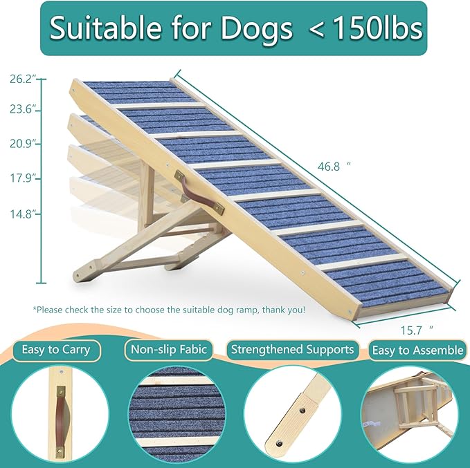 Dog Ramp for Bed, Upgraded 46.8" Long Portable Dog Ramp for Couch, Wood Folding Pet Ramp for All Breeds Large Old Dogs to Get on Bed, 5 Adjustable Heights 14.8" to 26.2" (Wood, Up to 150lbs)-PurrikoPets