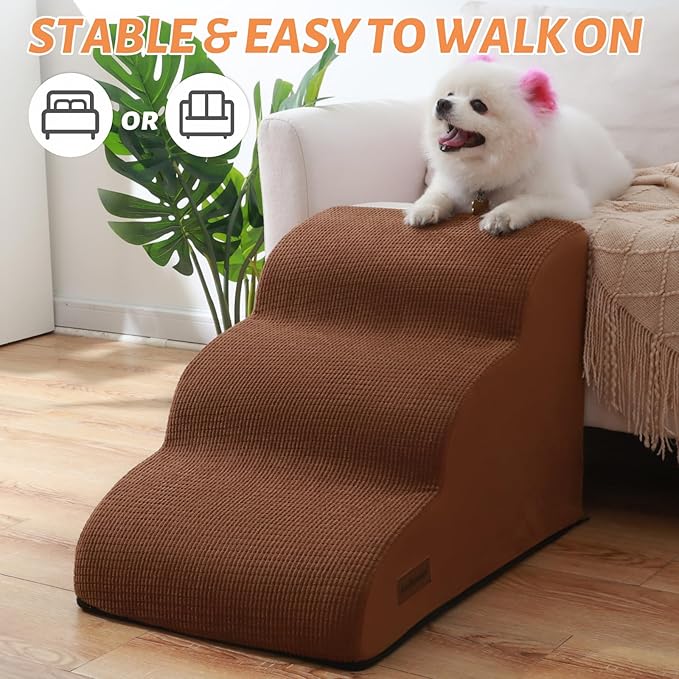 3-Step Dog Ramp and Stairs for Sofa and Chair - Non-Slip Sturdy Pet Steps for Small Dogs and Cats,15.7" H,Brown-PurrikoPets