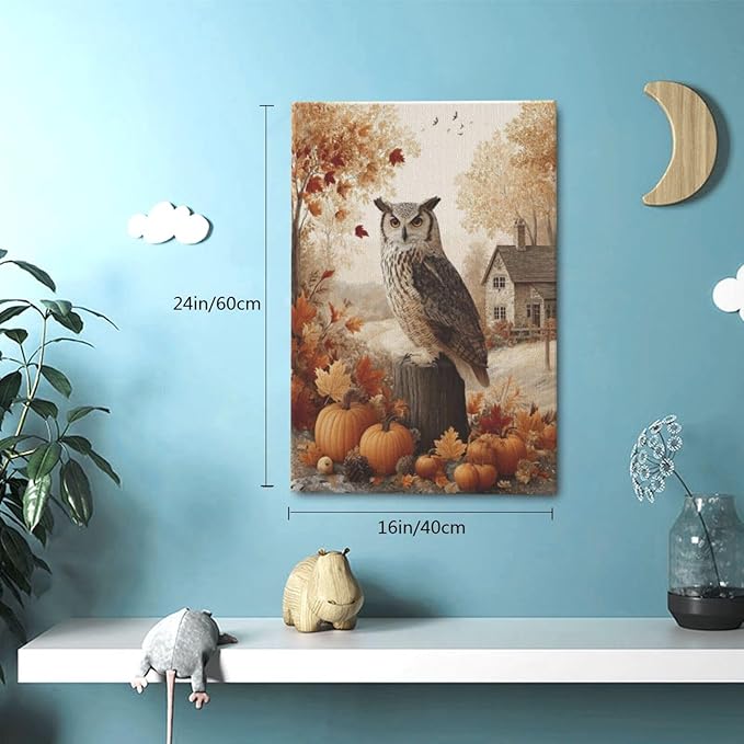 Fall Owl Wall Art Autumn Pumpkin Leaves Wall Decor Rustic Canvas Print Farmhouse Pictures Painting Print Framed Artwork Decorations Gifts for Living Room Bathroom Bedroom Office 16"x24"-PurrikoPets