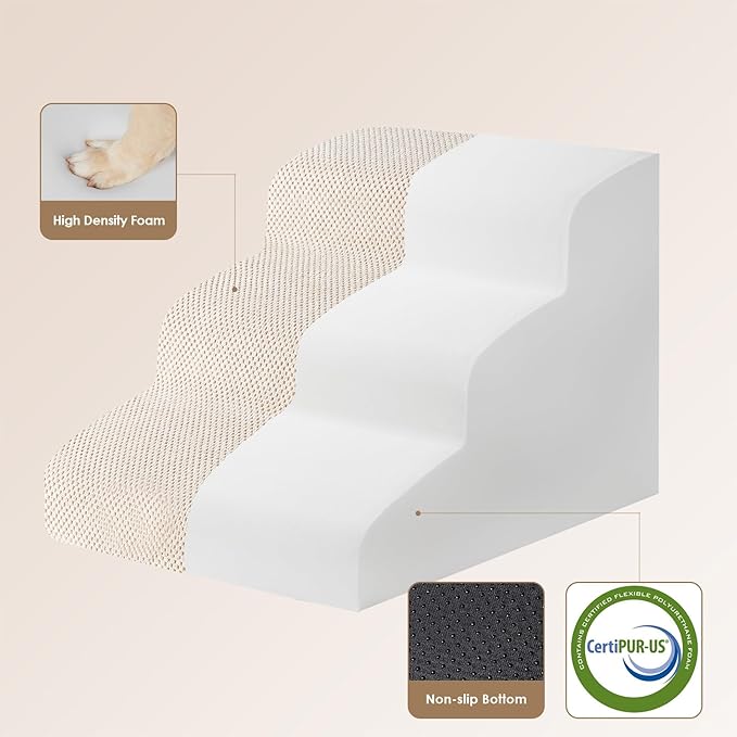 EHEYCIGA Curved Dog Stairs Ramp for Small Dogs 15.7" H, 3-Step Dog Steps for Couch Sofa and Chair, Pet Stairs for Cats, Non-Slip Balanced Pet Steps Indoor, Beige-PurrikoPets