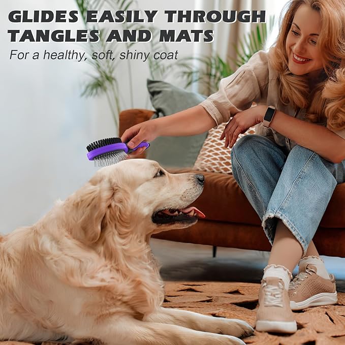 2PCS Pet Grooming Tools - Double-Sided Brush for Shedding and Bathing, Suitable for Short/Long Haired Dogs Cats and Horses, Deshedding Dog Brush, Mane & Tail Combs for Horses - Pet Supplies (Purple)-PurrikoPets