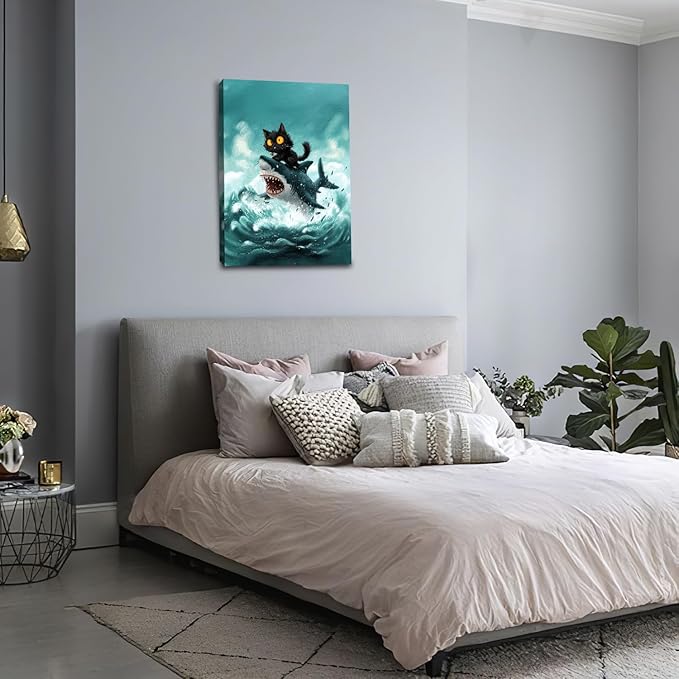 Funny Black Cat Bathroom Wall Art Cute Cat Riding Shark Canvas Wall Decor Animal Kitten Pictures Painting Print Artwork Framed Decorations Gifts for Cat Lover Kids Room Bedroom 16"x24"-PurrikoPets