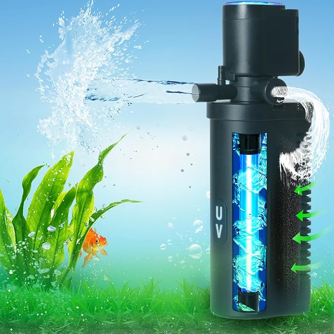 158GPH Small Aquarium Filter, UV Sterilizer for Aquarium for 10-45 Gallon Tank, Internal Pump for Turtle Betta Fish Tank Filter Silent 4-in-1 Green Killing Machine with Fish Tank Filters Deodorization-PurrikoPets