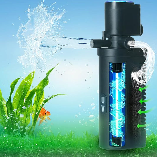 158GPH Small Aquarium Filter, UV Sterilizer for Aquarium for 10-45 Gallon Tank, Internal Pump for Turtle Betta Fish Tank Filter Silent 4-in-1 Green Killing Machine with Fish Tank Filters Deodorization-PurrikoPets