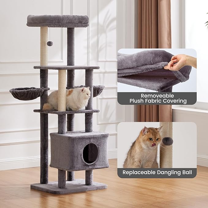 Gardner Pet 65in Heavy Duty Cat Tree Tower for Large Cats, Multi-Level Cat Furniture with Replaceable Sisal Scratching Post, Hammock | Extra-Large Platform & Condo (Grey)-PurrikoPets