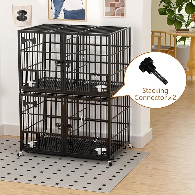 aboxoo 42 inch Stackable Heavy Duty Metal Dog Crate for 4 Dogs/Large Dog,All Metal Open Top Access,Escape Proof Cage,Dog Kennel Indoor with Wheels,Floor Grid, Tray, Divider and Feeding Bowl-PurrikoPets