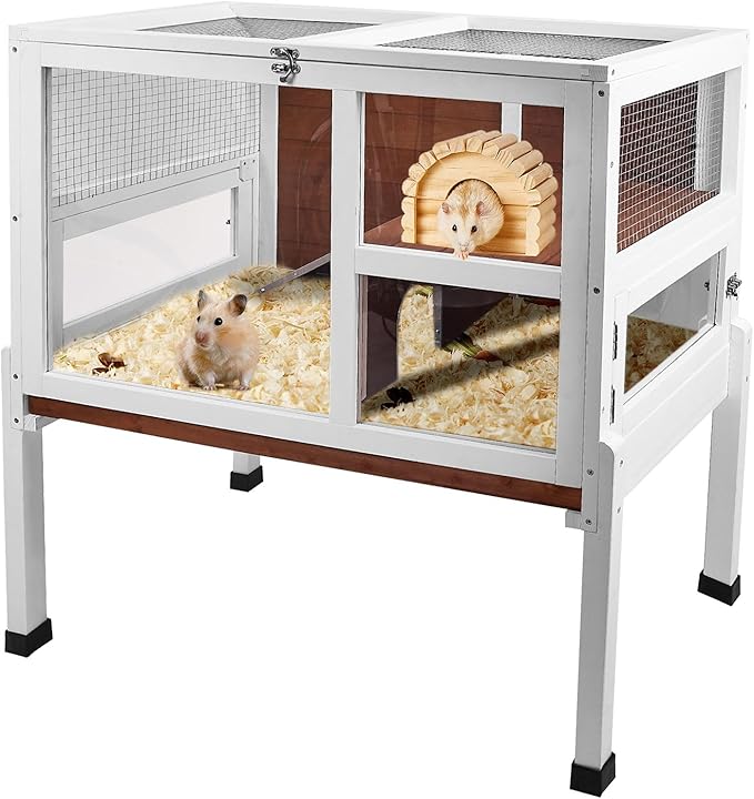 2-Story Guinea Pig Cage with Stand, Indoor Wooden Hamster Cage with Ramp, Pull-Out Tray, Hideout & Platform, Acrylic Transparent Small Animal Habitat for Chinchillas, Ferrets, Hedgehogs, Walnut-PurrikoPets