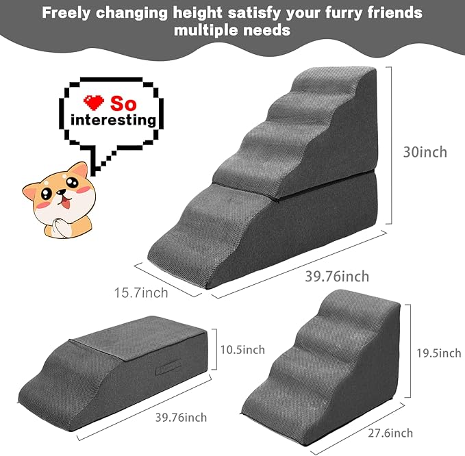 Dog Steps for High Beds 30-32" H - 6-Step Dog Stairs for Small Dogs, 33D Foam Pet Steps for High Bed with Non-Slip Bottom and Washable Cover, Dogs Ramp for Bed Indoor, Dark Grey-PurrikoPets