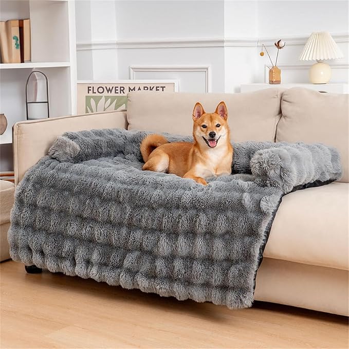 FUNNY FUZZY Pet Fluffy Plush Calming Dog Couch Bed Sofa Protector Washable Pets Mat for Large Medium Small Dogs and Cats (Grey,47.24 × 37.4 × 6.3 in)-PurrikoPets
