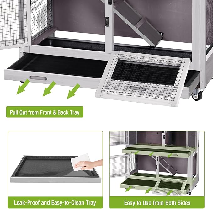 2 Story Rabbit Hutch Indoor Outdoor Rabbit Bunny House Guinea Pig Cage Wooden Pet House for Small Animals with 2 Large Rooms, Chewproof Ramp, Ventilation Door, Removable Trays (Grey)-PurrikoPets