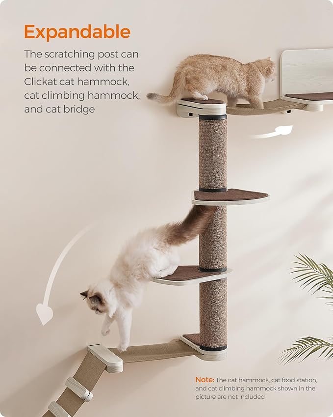 Feandrea Clickat Collection - No.006 Cat Tree Scratching Post, 39.7-Inch Tall Thicker Wall Mounted Cat Scratcher Posts, 2 Cats Perch Platform, Easy Assembly, Suit for Multi Cats Climb Play Nap Scratch-PurrikoPets