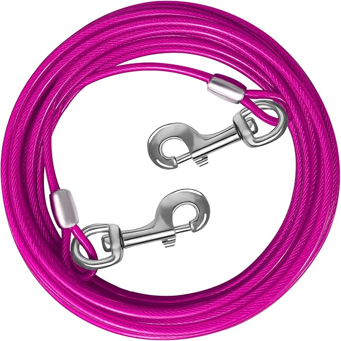 Dog Tie Out Cable 10/15/20/25/30 FT Runner for Yard Steel Wire Cable with Durable Superior Clips Pink Chains for Outside Dog Lead for Large Up to 165 Lbs-PurrikoPets