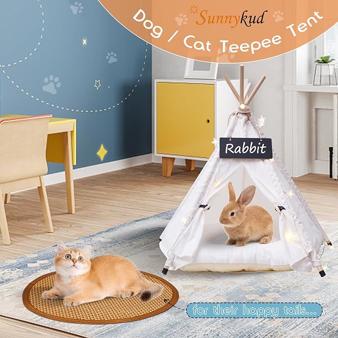 20" Dog& Cat Teepee Tent +24" Pet Cooling Mat +10ft Star String Light [2-Modes],Cotton Thicked Soft Comfort Anti-Slip Cushion (Used/Wash Separately),Medium Pets Tents House Indoor or Outdoor-PurrikoPets