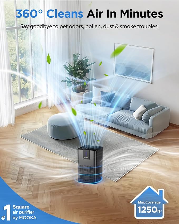 Air Purifiers for Home Large Room Up to 1250 Ft²,MOOKA H13 HEPA Air Purifier for Pets Dust Odor Smoke,Aromatherapy Function,Air Cleaner with 15dB Quiet Sleep Mode for Bedroom Office Living Room,Black-PurrikoPets