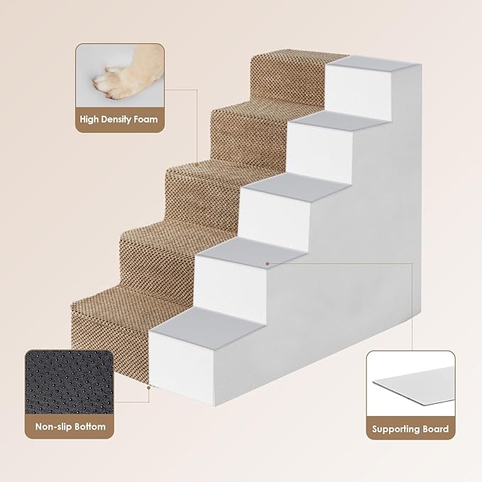 EHEYCIGA Dog Stairs for High Bed 22.5" H, 5-Step Dog Steps for Bed, Pet Steps for Small Dogs and Cats, Non-Slip Balanced Pet Ramp Indoor, Camel-PurrikoPets