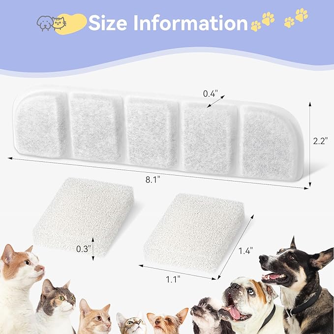 12 Pack Replacement Filter for SIBAYS & Kastty 355oz / 2.8Gal / 10.5L Large Dog Water Fountain, Coconut Shell Activated Carbon Pet Water Fountain Filters with 12 Pack Sponges-PurrikoPets