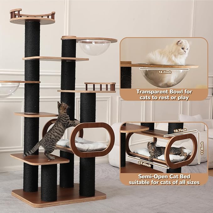 70.8'' Tall Luxury Cat Tree,All i,ne One Black Walnut Wood Modern Cat Tower for Indoor Large,Huge Multi-Level Cat Furniture with Scratching Posts,Condo,Cushion,Clear Bowl,Platform for Home Decoration-PurrikoPets